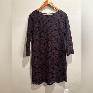 Brooks Brothers Black and Burgundy Lace Dress midi size 8 party holiday